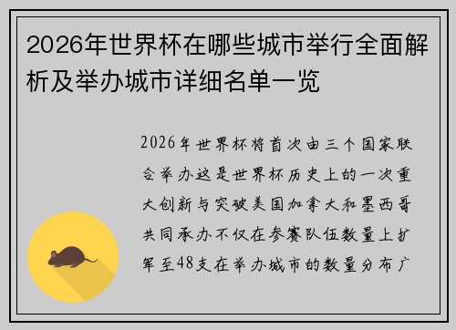 2026年世界杯在哪些城市举行全面解析及举办城市详细名单一览